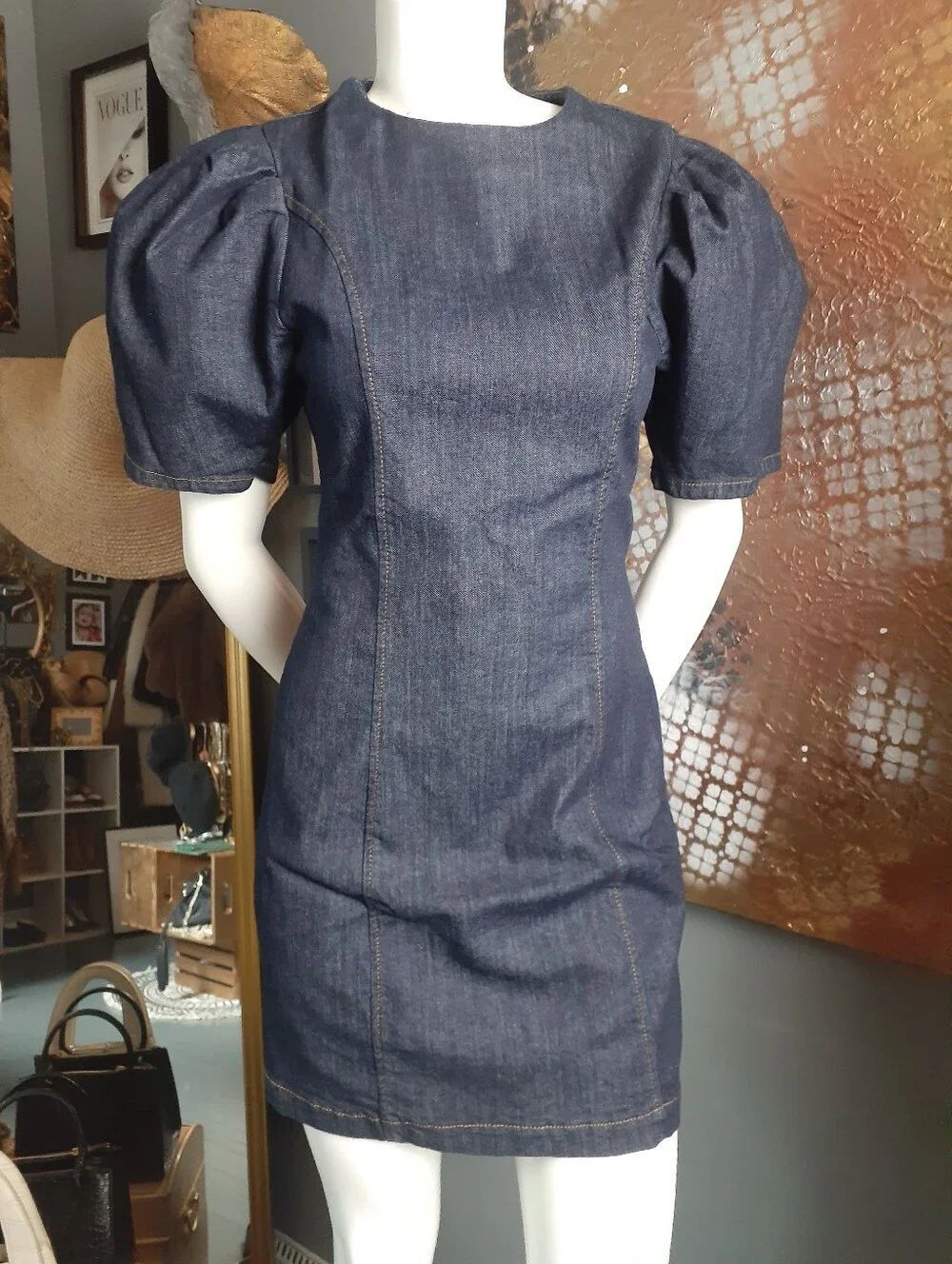 Zara Nwt Dark Denim Mini Dress With Puff Sleeves.